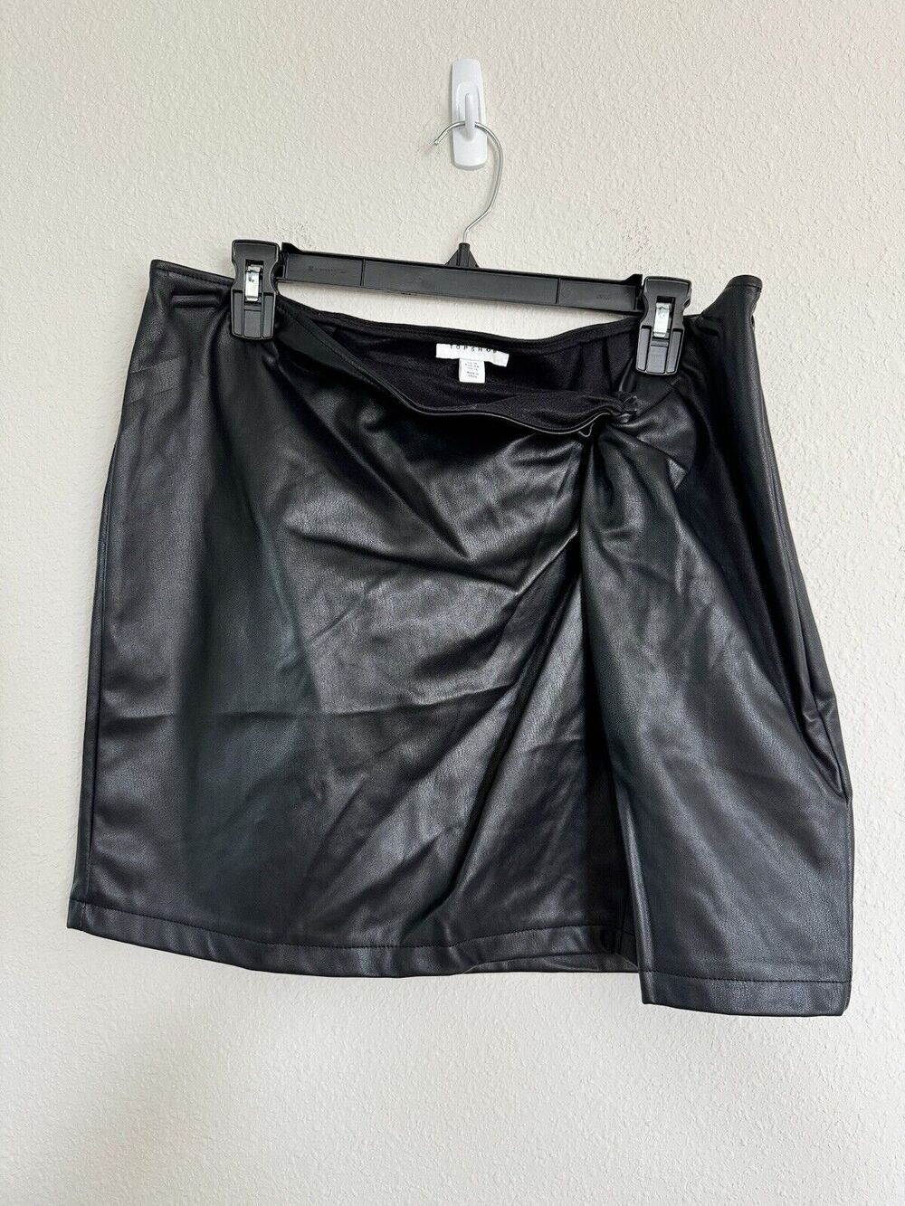 Topshop Faux Leather Tie Ruched Slit Mini Skirt Size 12 Grunge Gothic Punk